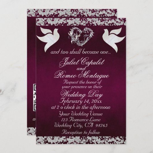 Dove, Silver Heart & Glitter, QR Code - Purple 招待状 (正面/裏面)