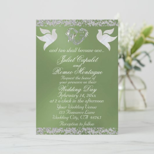 Dove, Silver Heart & Glitter, QR Code - Sage 招待状 (スタンド正面)