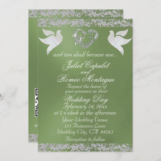 Dove, Silver Heart & Glitter, QR Code - Sage 招待状 (正面/裏面)