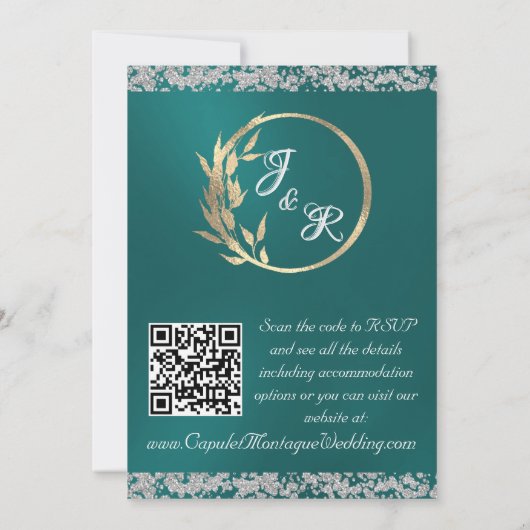 Dove, Silver Heart & Glitter, QR Code - Teal 招待状 (裏面)