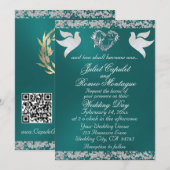 Dove, Silver Heart & Glitter, QR Code - Teal 招待状 (正面/裏面)
