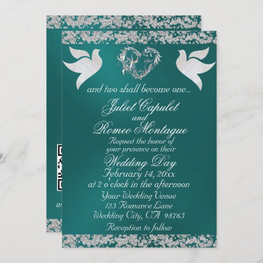 Dove, Silver Heart & Glitter, QR Code - Teal 招待状 (正面/裏面)
