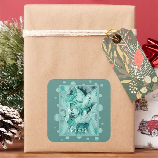 Dove With Celtic Peace Text In Aqua Tones スクエアシール (クリスマス)