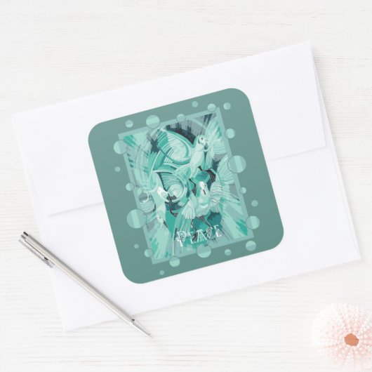 Dove With Celtic Peace Text In Aqua Tones スクエアシール (封筒)