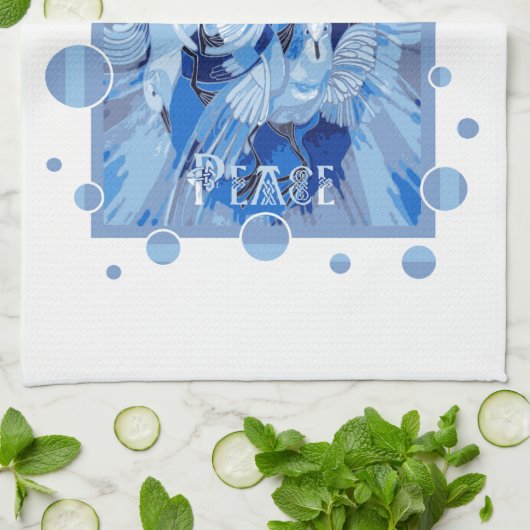 Dove With Celtic Peace Text In Blue Tones キッチンタオル (折り畳み)