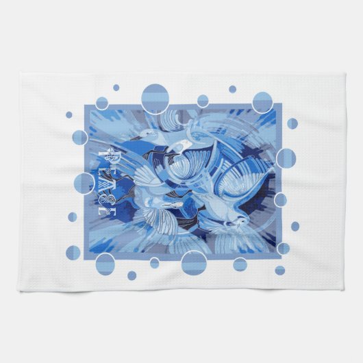 Dove With Celtic Peace Text In Blue Tones キッチンタオル (横)