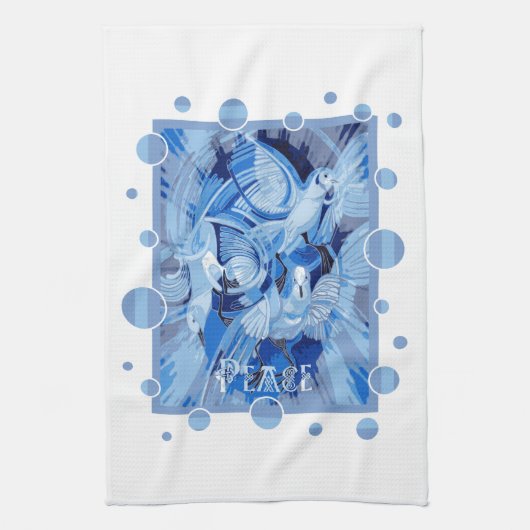 Dove With Celtic Peace Text In Blue Tones キッチンタオル (縦)