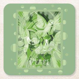 Dove With Celtic Peace Text In Green Tones スクエアペーパーコースター