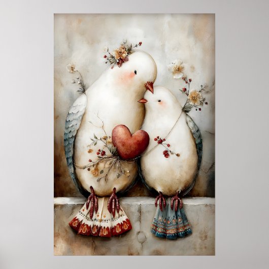 Doves Couple Wall Art, Romantic Dove Illustration ポスター (正面)
