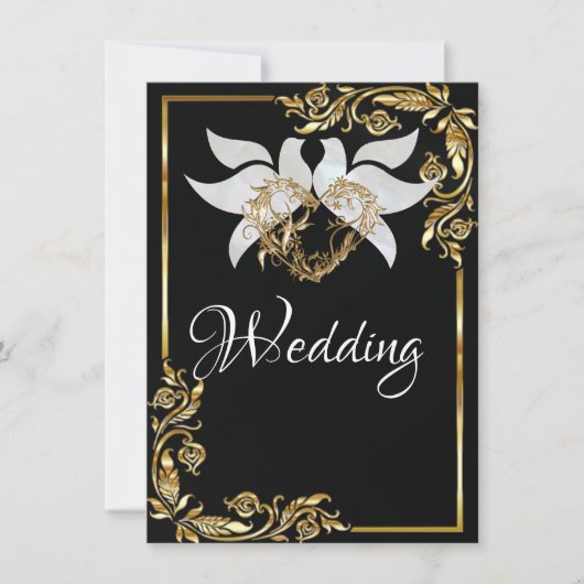 Doves, Heart & Gold Frame on Black 招待状 (正面)
