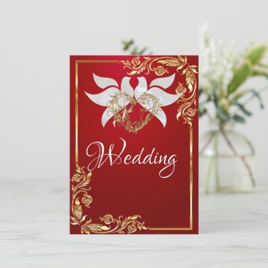 Doves, Heart & Gold Frame on Crimson Red 招待状 (スタンド正面)