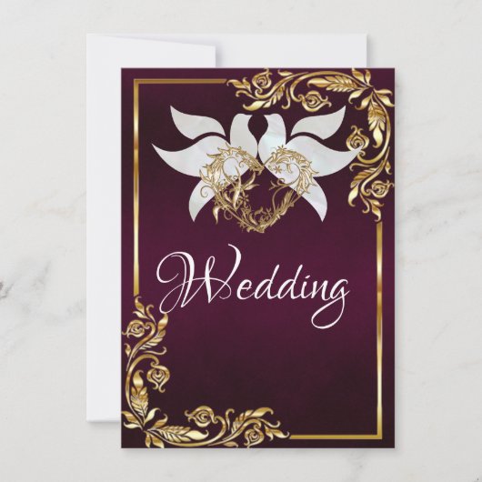 Doves, Heart & Gold Frame on Dark Purple 招待状 (正面)