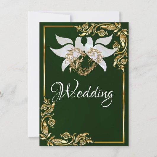 Doves, Heart & Gold Frame on Emerald Green 招待状 (正面)