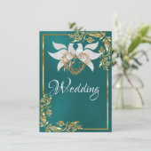 Doves, Heart & Gold Frame on Teal 招待状 (スタンド正面)