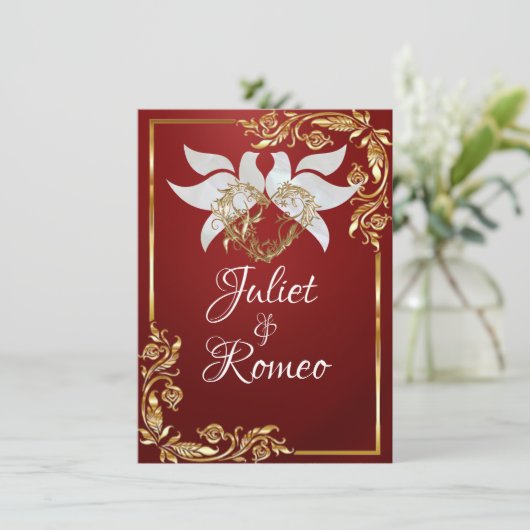 Doves, Heart, & Gold Leaves on Ruby Red 招待状 (スタンド正面)