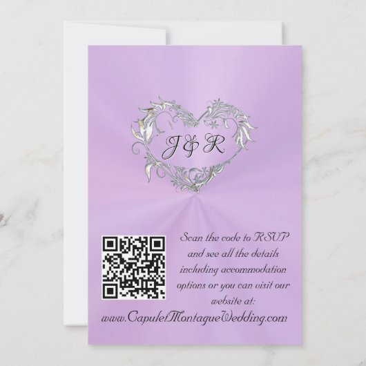 Doves, Hearts, QR Code - Lavender/Silver 招待状 (裏面)