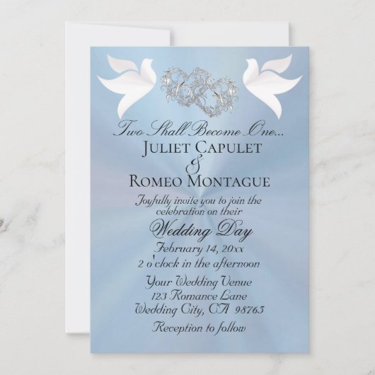 Doves, Hearts, QR Code - Pastel Blue/Silver 招待状 (正面)