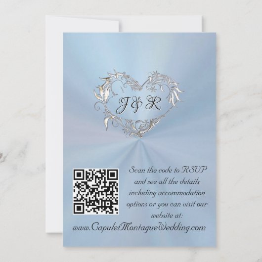 Doves, Hearts, QR Code - Pastel Blue/Silver 招待状 (裏面)