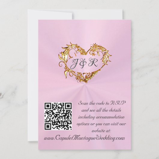 Doves, Hearts, QR Code - Pastel Pink/Gold 招待状 (裏面)