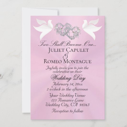 Doves, Hearts, QR Code - Pastel Pink/Silver 招待状 (正面)