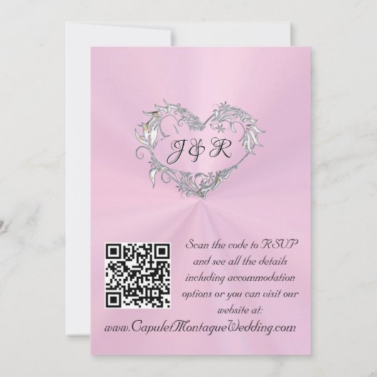 Doves, Hearts, QR Code - Pastel Pink/Silver 招待状 (裏面)