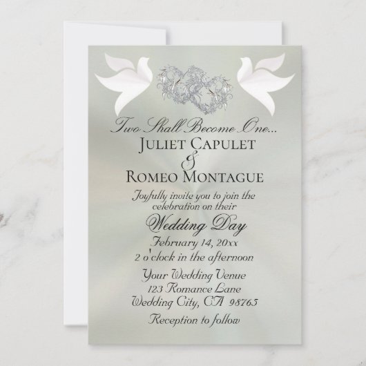 Doves, Hearts, QR Code - Pastel Sage/Silver 招待状 (正面)