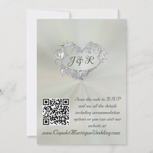 Doves, Hearts, QR Code - Pastel Sage/Silver 招待状 (裏面)