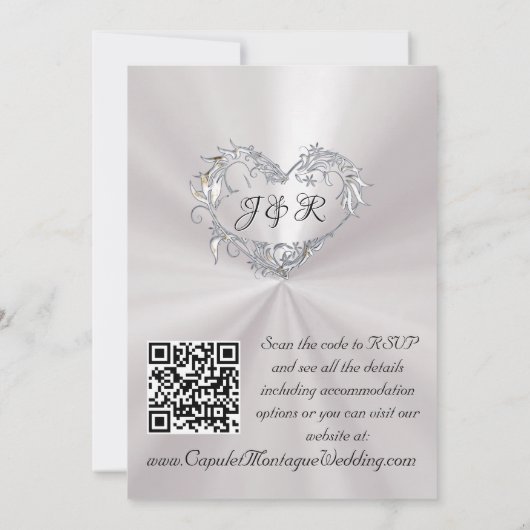Doves, Hearts, QR Code - Pearl White/Silver 招待状 (裏面)