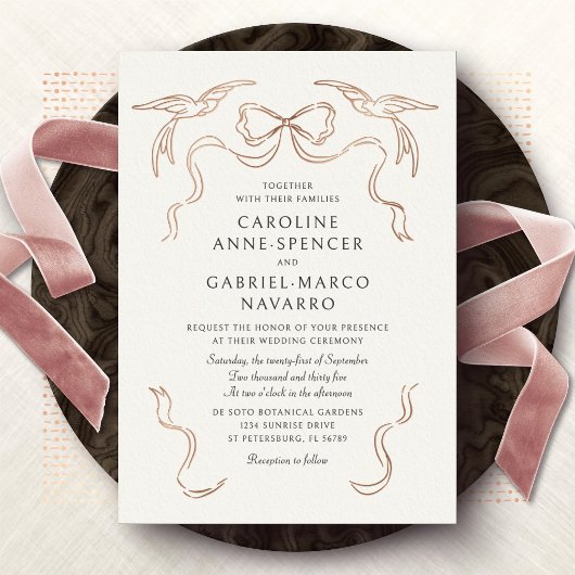 Doves Lovebirds Bow Wedding Foil Invitation 箔招待状