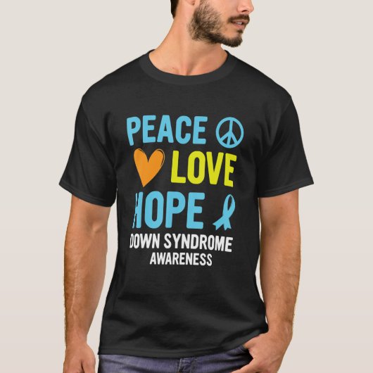 Down Syndrome Awareness Peace Love Hope T21 Yellow Tシャツ (正面)