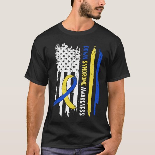 Down Syndrome USA Flag Blue Yellow Ribbon Tシャツ (正面)