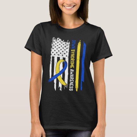 Down Syndrome USA Flag Blue Yellow Ribbon Tシャツ (正面)