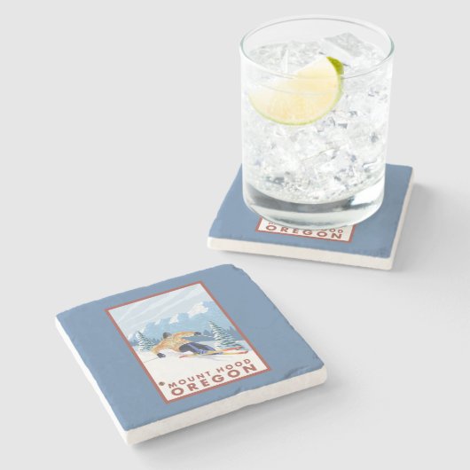 Downhhillの雪のスキーヤー-山のフード、オレゴン ストーンコースター (横)