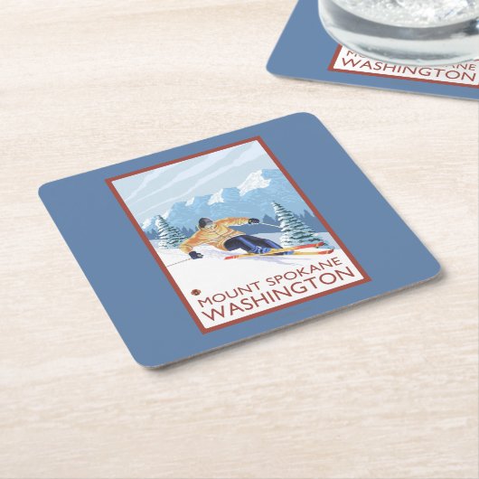 Downhhillの雪のスキーヤー-山スポケーン、 スクエアペーパーコースター (アングル)