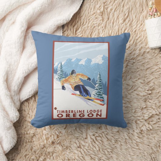 Downhhillの雪のスキーヤー-樹木限界線ロッジ、オレゴン クッション (ブランケット)