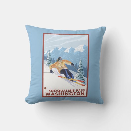 Downhhillの雪のスキーヤー- Snoqualmieのパス、WA クッション (正面)
