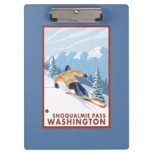 Downhhillの雪のスキーヤー- Snoqualmieのパス、WA クリップボード