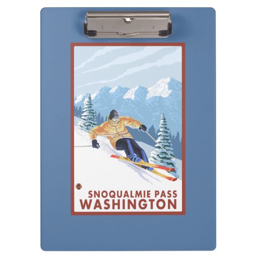 Downhhillの雪のスキーヤー- Snoqualmieのパス、WA クリップボード (正面)