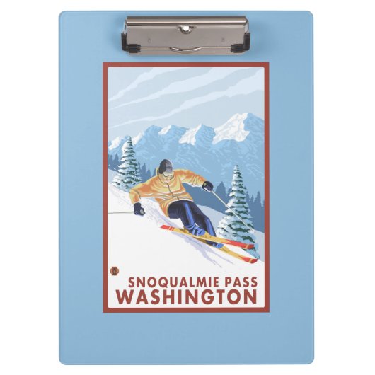 Downhhillの雪のスキーヤー- Snoqualmieのパス、WA クリップボード (正面)