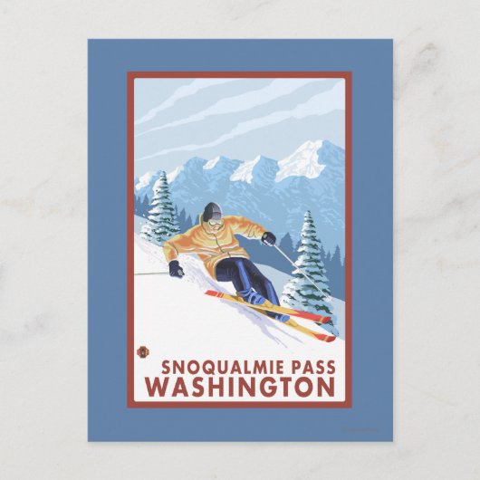 Downhhillの雪のスキーヤー- Snoqualmieのパス、WA ポストカード (正面)