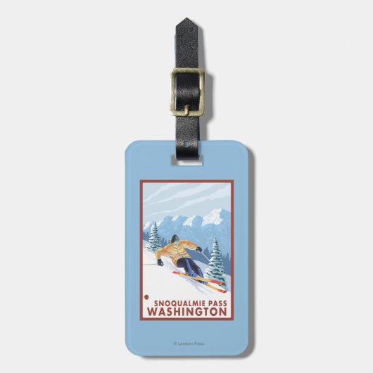 Downhhillの雪のスキーヤー- Snoqualmieのパス、WA ラゲッジタグ (正面縦)