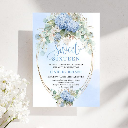 Downloadable Blue Hydrangea Gold Sweet 16 Birthday 招待状