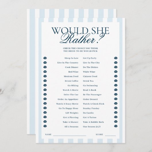 Downloadable Blue Striped Would She Rather Card 招待状 (正面/裏面)