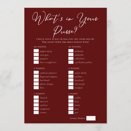 Downloadable Burgundy Purse Bridal Shower Game カード (正面)