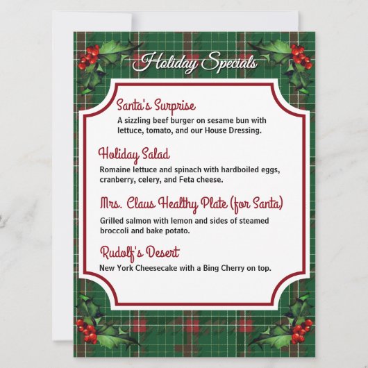 Downloadable Green Plaid Holiday Specials Menu シーズンカード (正面)