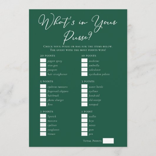 Downloadable Green Purse Bridal Shower Game カード (正面)