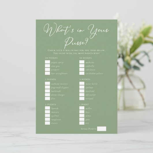 Downloadable Sage Green Purse Bridal Shower Game カード (スタンド正面)