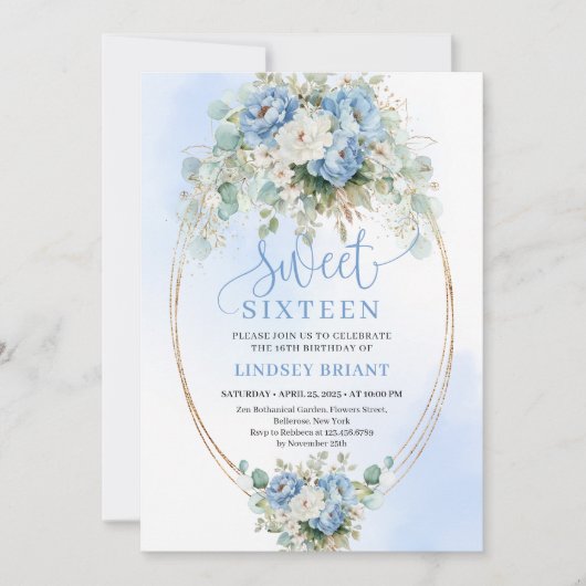 Downloadable Script Dusty Blue Peonies Sweet 16th 招待状 (正面)