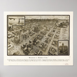 Downtown Houston Texas 1912 Antique Panoramic Map ポスター