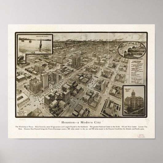 Downtown Houston Texas 1912 Antique Panoramic Map ポスター (正面)